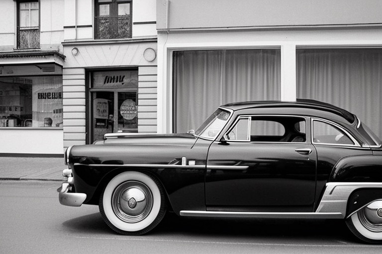 A black-and-white photograph of a classic car parked on a street