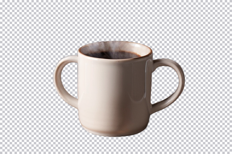 The same mug with the background removed, transparency shown as a checkerboard