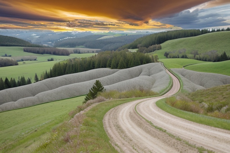 The same hills under an AI-generated golden sunset sky