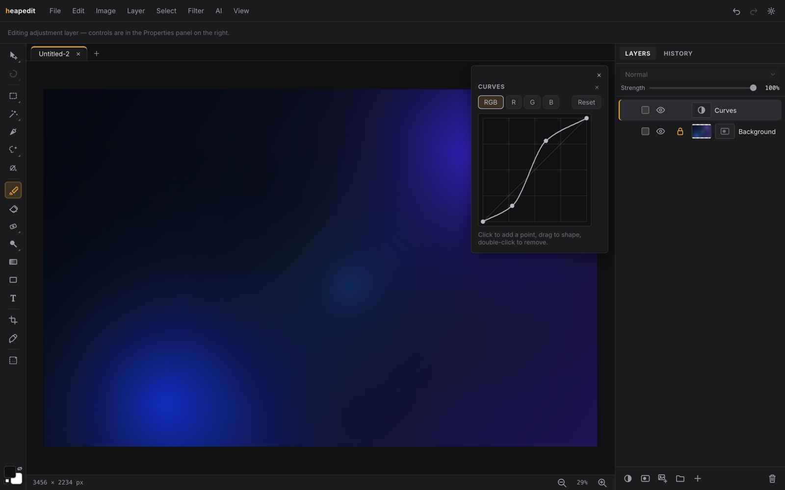 Per-channel curves being edited on an aurora wallpaper document, with the S-curve visible in the floating Curves panel