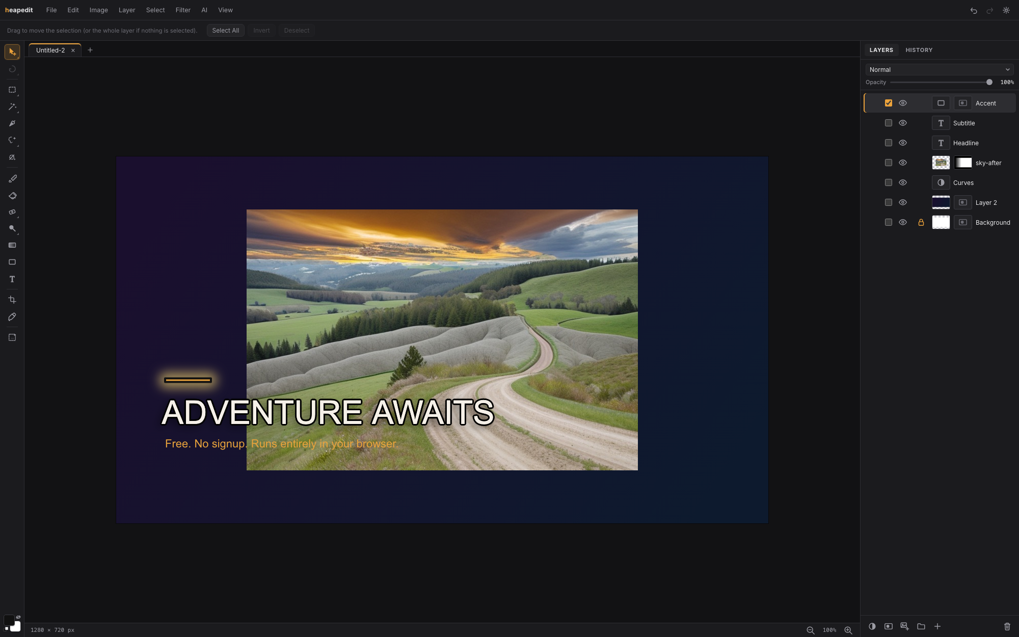 heapedit editing a travel poster: a golden-hour landscape photo with a masked edge, a Curves adjustment layer, styled headline and subtitle text, and a glowing accent shape, all visible in the layers panel