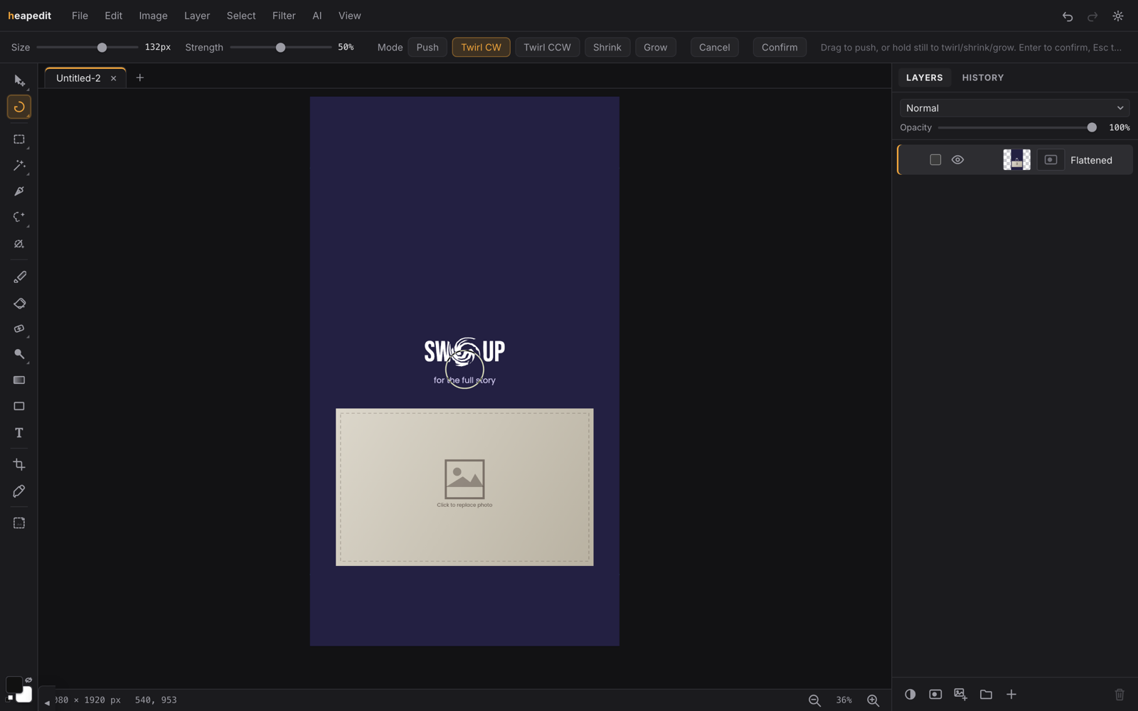 The Liquify tool mid-session, twirling headline text into a vortex, with Push / Twirl / Shrink / Grow modes in the options bar
