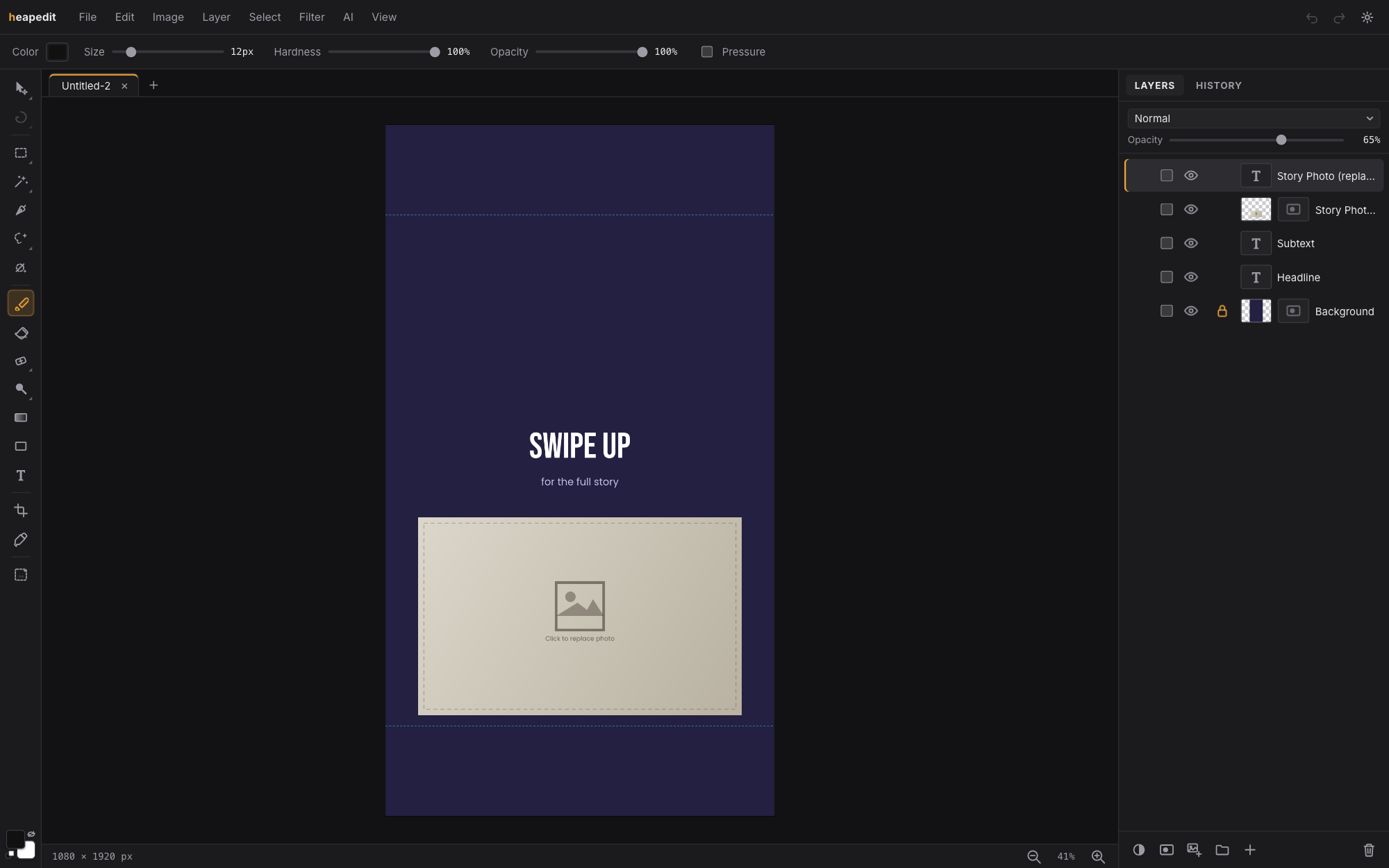 An Instagram story template open in the editor, dark purple with bold headline text