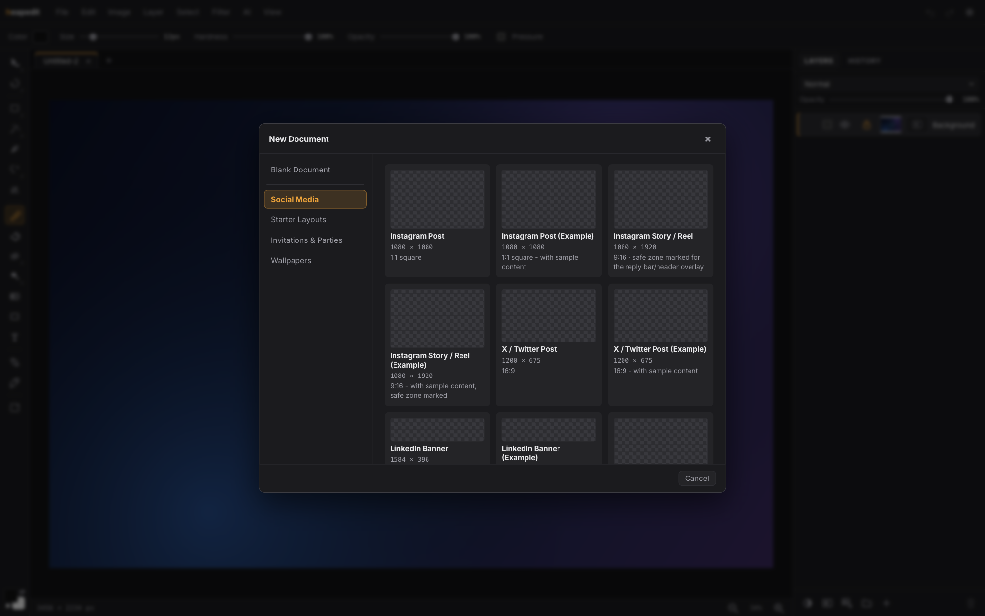 The New Document gallery showing 26 social media templates with sizes and descriptions